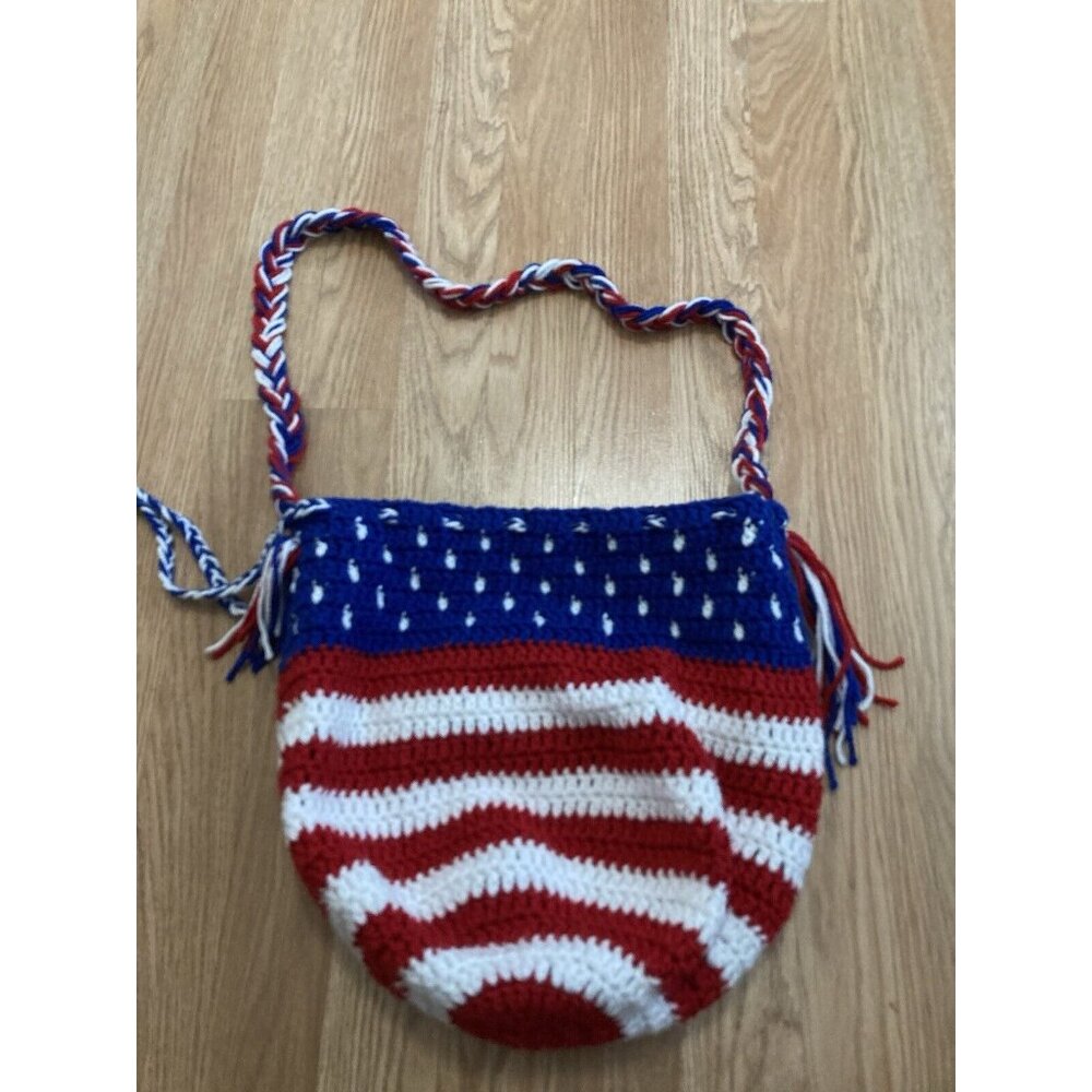 Americana Crochet Shoulder Bag Red White Blue Patriotic Stars Stripes Handmade - Picture 3 of 4
